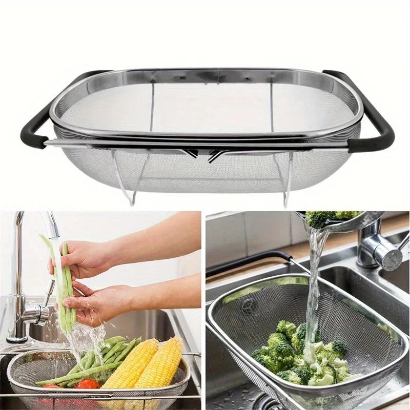 Jual 1 Set Stainless Steel Over Sink Colander with Telescopic Handle ...