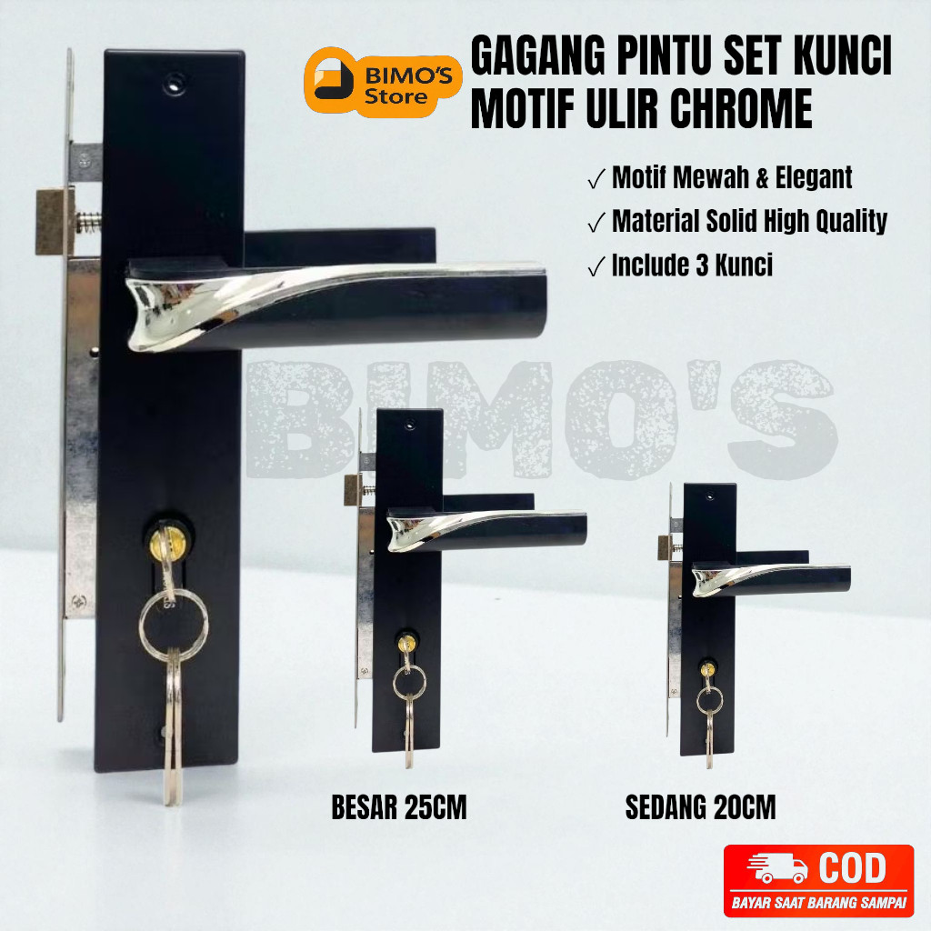 Gagang Pintu Set Kunci Motif Ulir Chrome Ukuran Besar 25cm Sedang 20cm Handle Pintu Set Kunci BS2