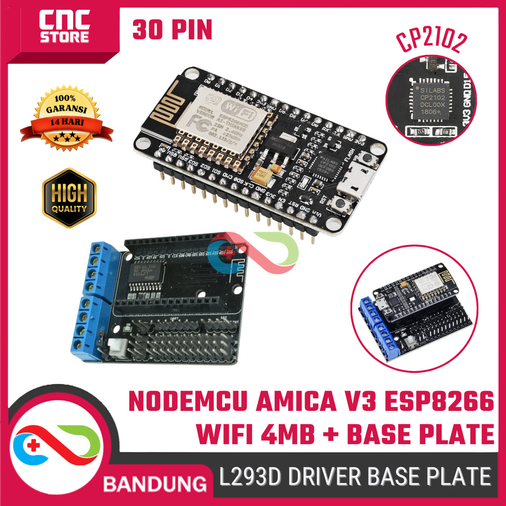 Jual Paket NodeMCU Amica V3 WiFi (4MB Flash) + Base Plate L293D – Modul