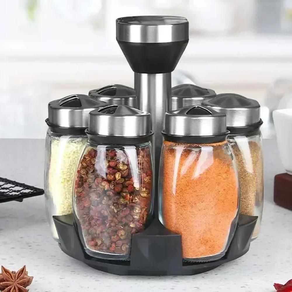Jual 7pcs Spice Jar Set Rack Glass Organizer Rotating Glass Seasoning ...