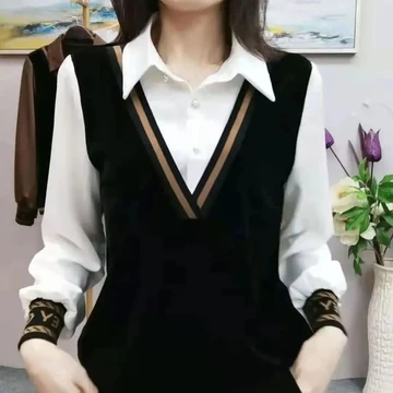 Women'S Shirt New Style Fake Two Piece Loose Slimming Rhinestone Fake Two Piece Shirt