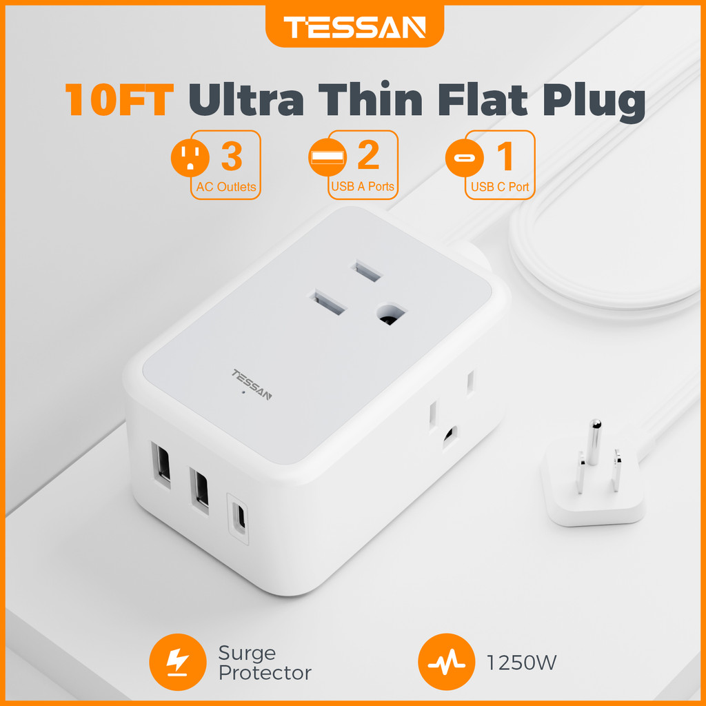 Jual TESSAN Ultra Thin Flat Plug 6 in 1 Power Strip with 3 AC Outlets 3 ...