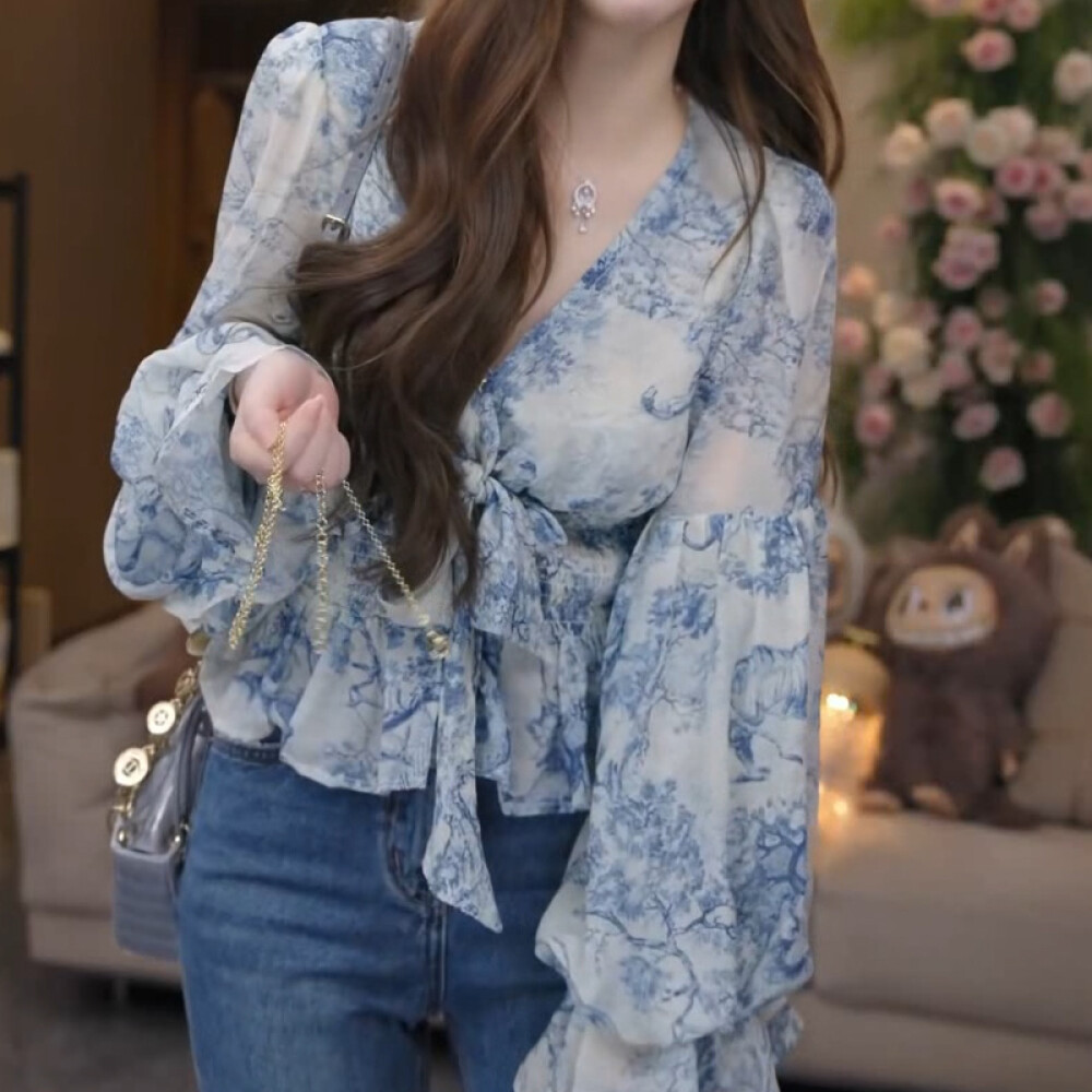 Jual CHICMORE Kemeja Wanita Blouse Lengan Panjang Motif Bunga | Blouse ...
