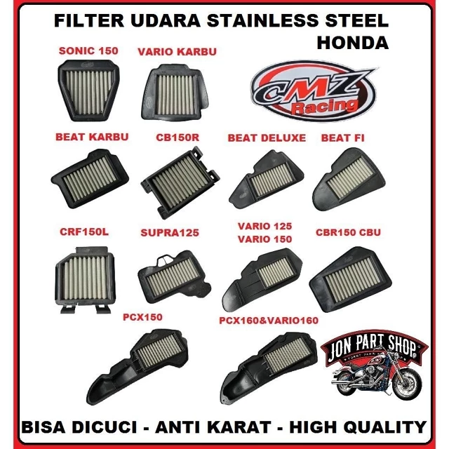 CMZ FILTER UDARA STAINLESS 45 MICRON PCX 150 160 STYLO160 BEAT FI STREET DELUXE SCOOPY GENIO VARIO 125 150 CRF150L SUPRA125 CB150R CBR150 CBU SONIC GTR150 BISA DICUCI ANTI KARAT SEUMUR HIDUP PREMIUM