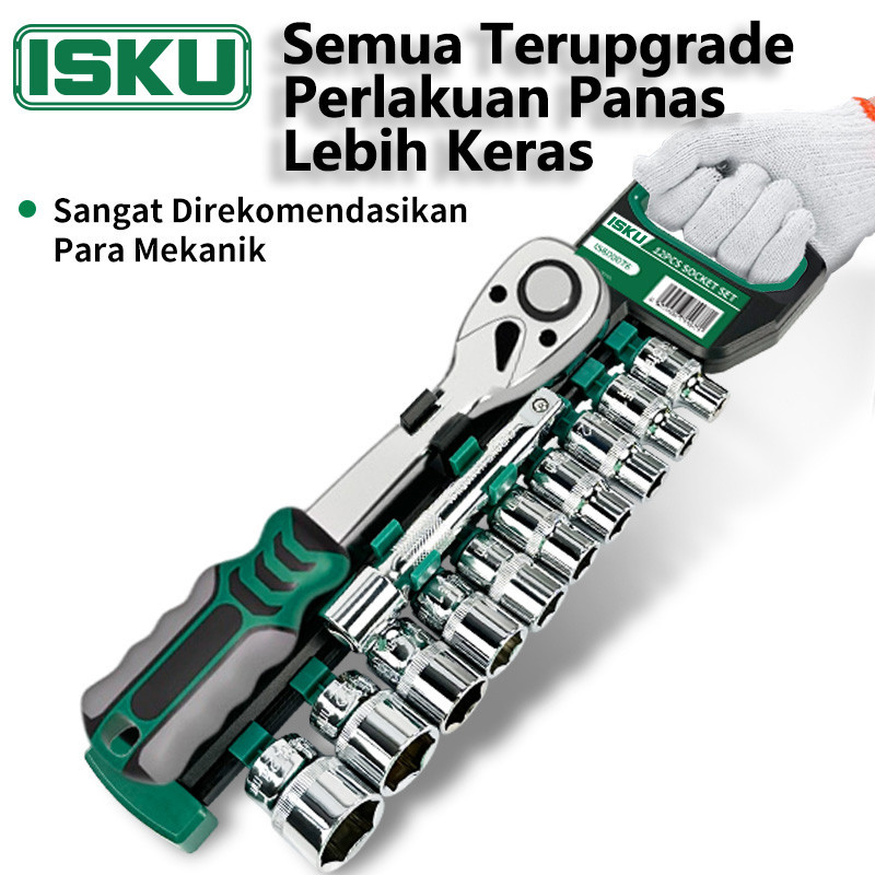 ISKU Kunci Shock 12Pcs Kunci Pas Ratchet 1/2 Inch Socket Wrench Set 8-24mm CR-V Kunci Pas Rachet