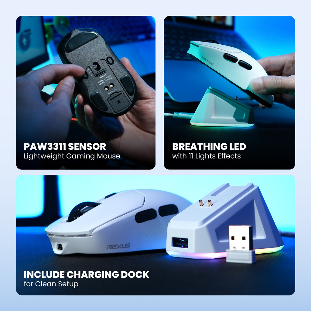 Rexus Shaga X RX130 Mouse Gaming Wireless Tri Mode Connection PAW3311 - Include Charging Dock (2)