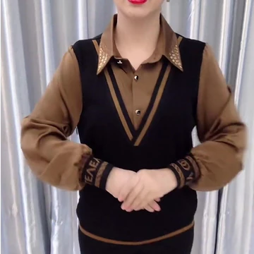 Women'S Shirt New Style Fake Two Piece Loose Slimming Rhinestone Fake Two Piece Shirt