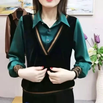 Women'S Shirt New Style Fake Two Piece Loose Slimming Rhinestone Fake Two Piece Shirt