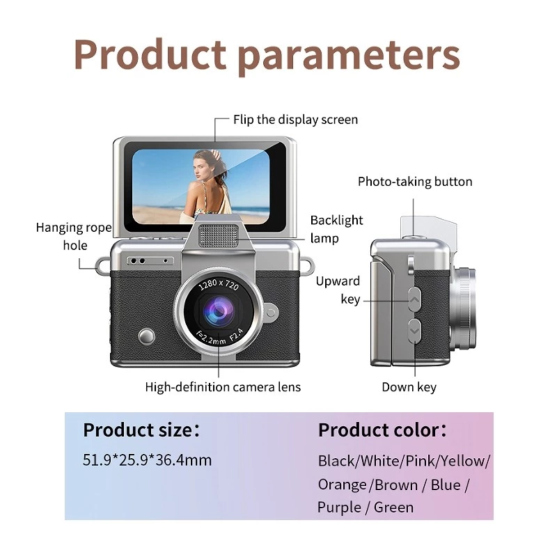 Mini kamera digital retro gantungan kunci dengan layar 0.96 inci, flash, dan rantai leher