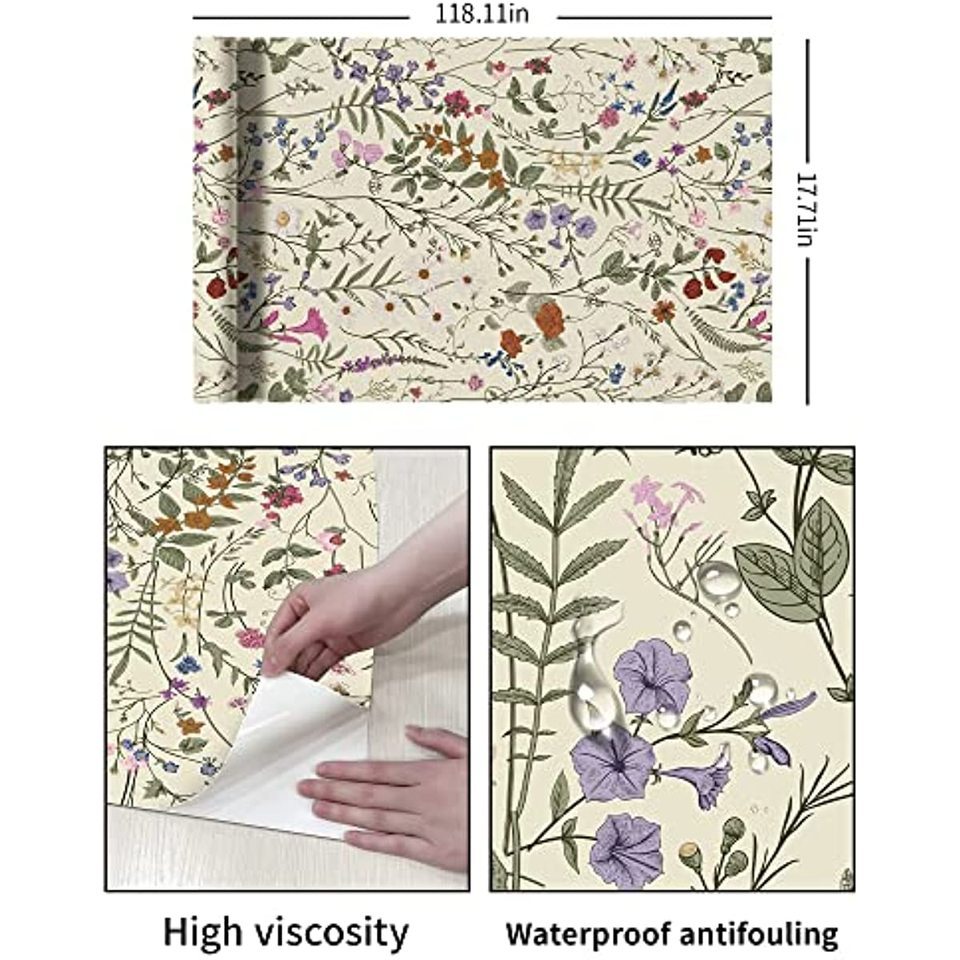 GaliGali Floral Peel And Stick Wallpaper – Farm Wildwood Flower Pattern, Beige Removable Contact Paper, 17.3″ X 78.7″, For Bedroom, Kitchen, Home