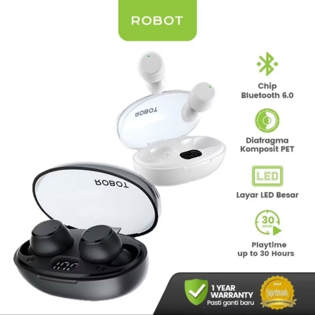 [ P.A88 ]- ROBOT TWS Dots 2 Wireless Earphone Mini Bluetooth 6.0 Layar LED Daya Baterai Tahan 30 Jam - Original Robot