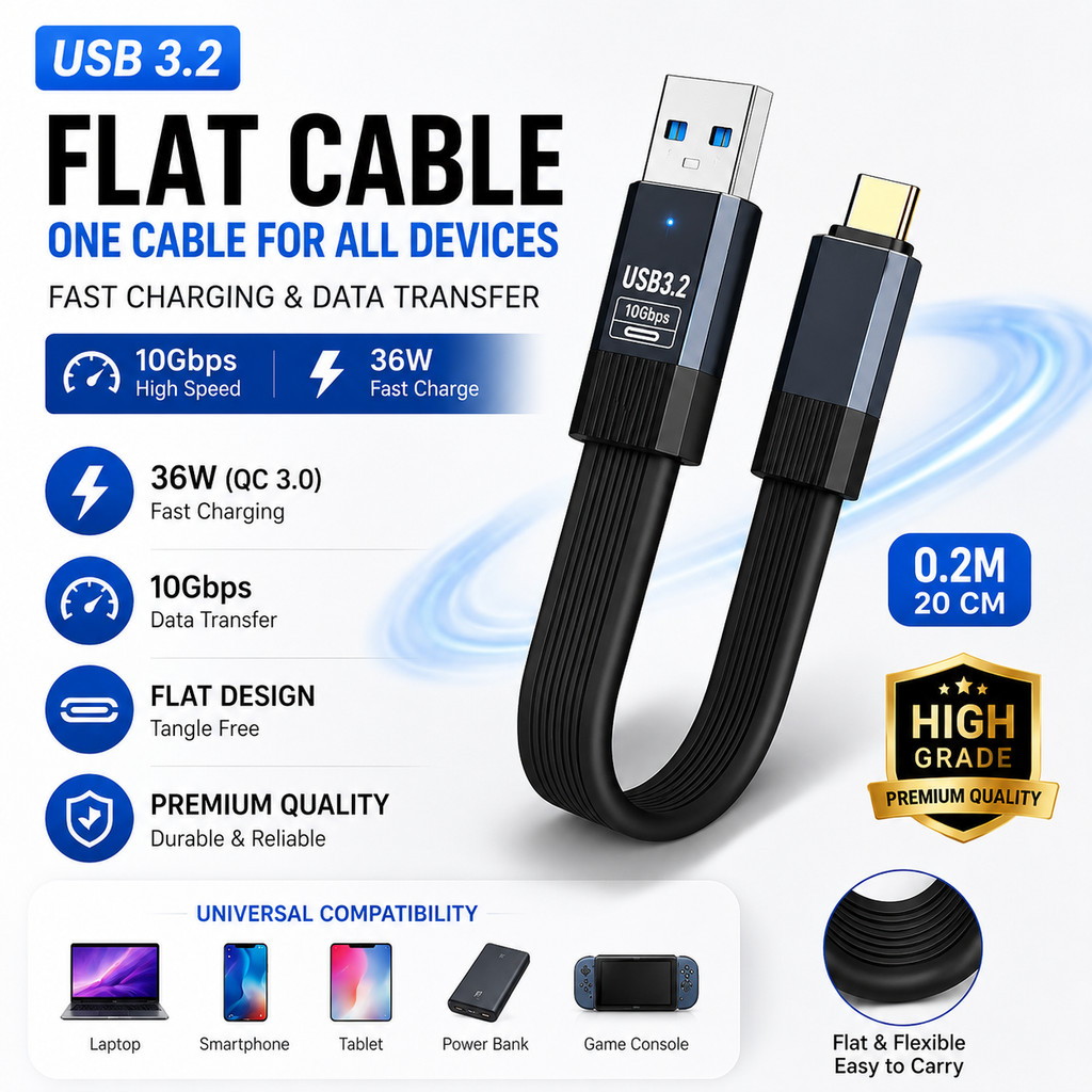 Jual Short Flat Data Charger Cable USB To Type C 3.2 Premium Grade 36W ...