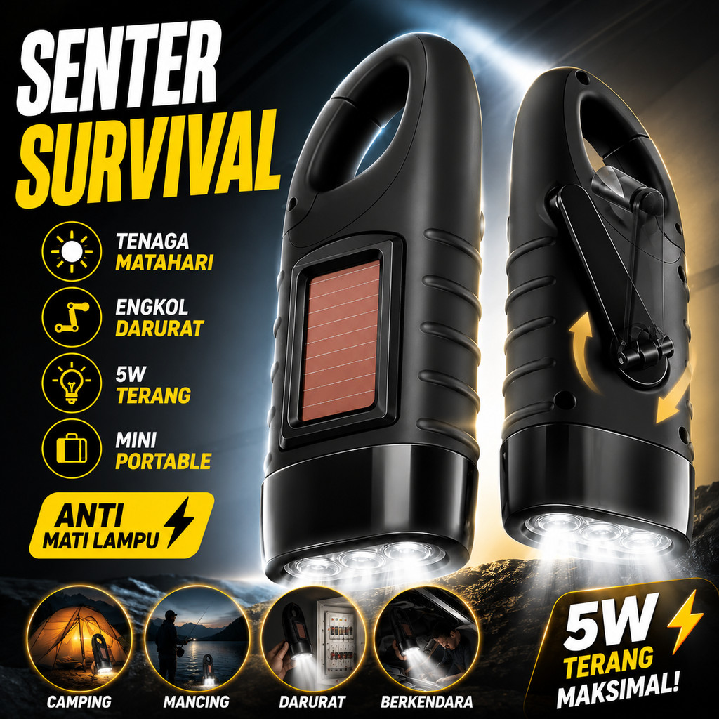 Jual Lampu Senter Outdoor Survival Tenaga Engkol Putar Dinamo + Solar ...