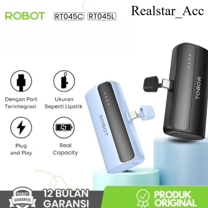 ROBOT RT045L / RT045C Power Bank Mini Real Capacity 4500mAh Port Lightning & type c Smart Power Bank ORIGINAL 100%