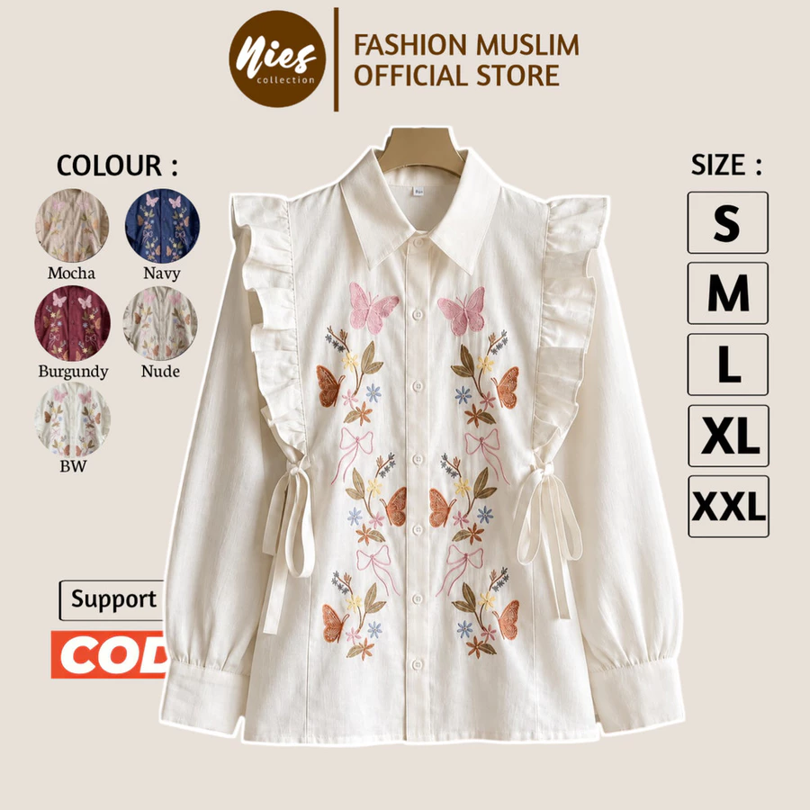 Kaluna Blouse Bordir Bunga - LD 120 110 104 98 92 - Atasan Wanita Bahan Linen Korean Style | 009