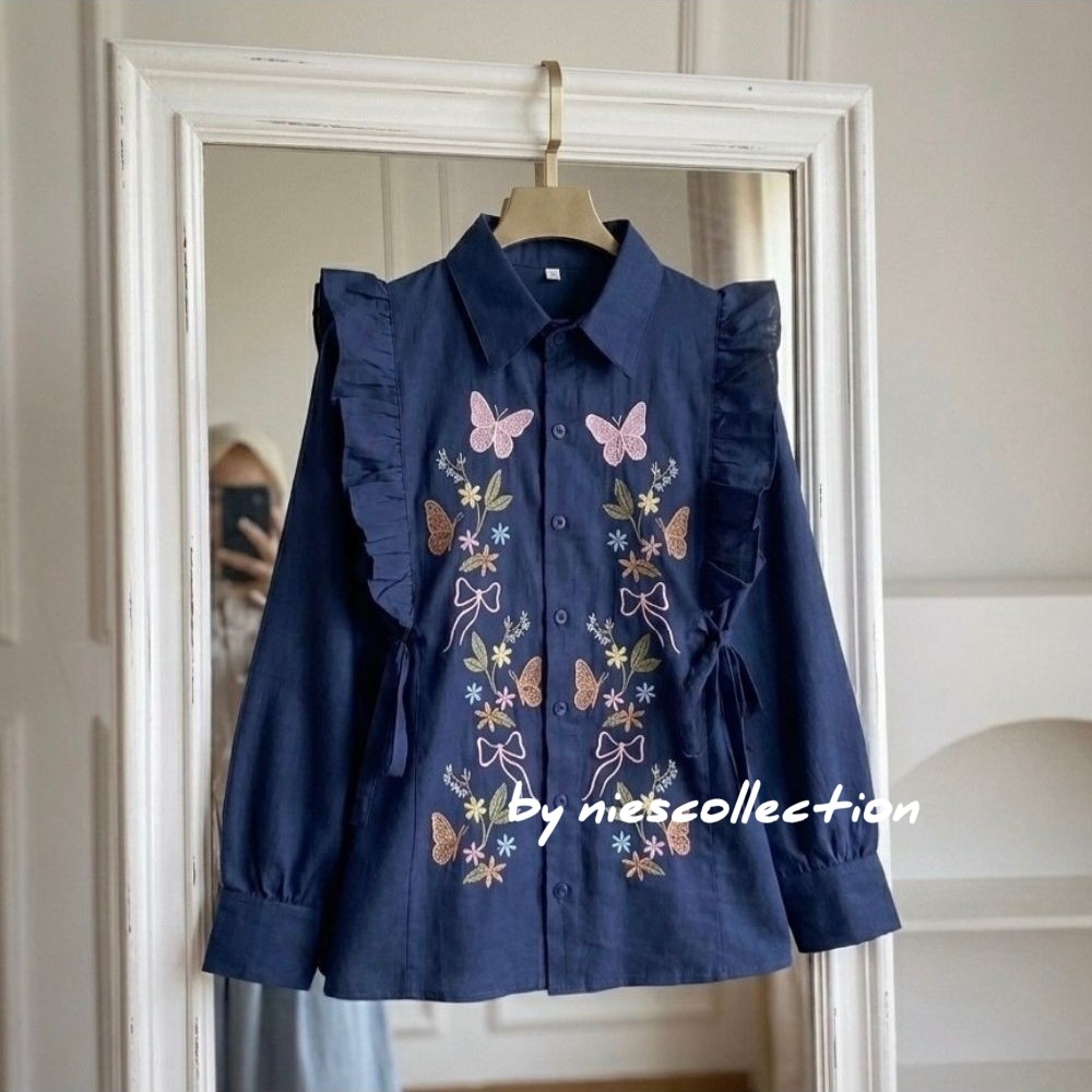Kaluna Blouse Bordir Bunga  - LD 120 110 104 98 92 - Atasan Wanita Bahan Linen Korean Style foto 5