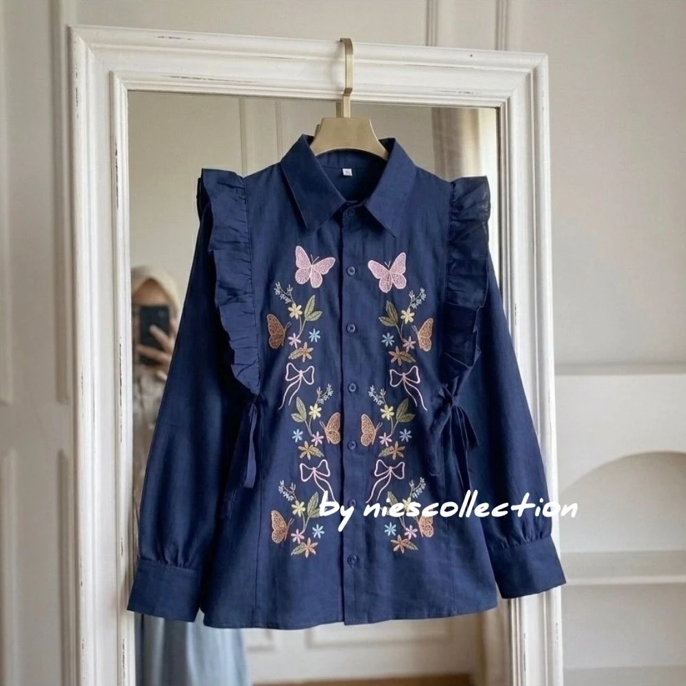 Foto 6 Kaluna Blouse Bordir Bunga - LD 120 110 104 98 92 - Atasan Wanita Bahan Linen Korean Style | 009