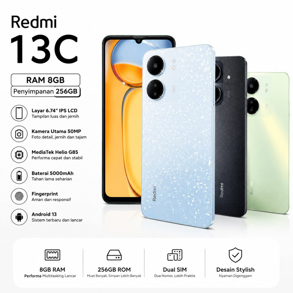 Xiaomi Redmi 13C RAM 8GB ROM 256GB Smartphone Layar Besar Kamera HD Baterai Tahan Lama Dual SIM Gaming Lancar HP Murah Berkualitas Cocok Untuk Harian dan Hadiah