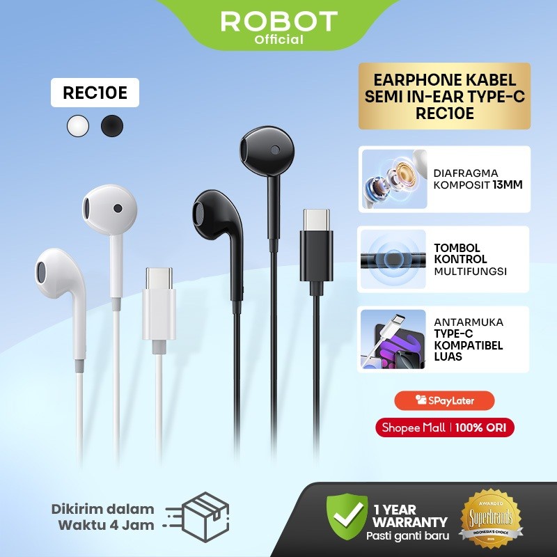 ROBOT  New Earphone Type-C Semi In Ear Headset Kabel Mic HD Stereo Bass 13mm Kompatibel Semua Device REC10E - Garansi 1 Tahun
