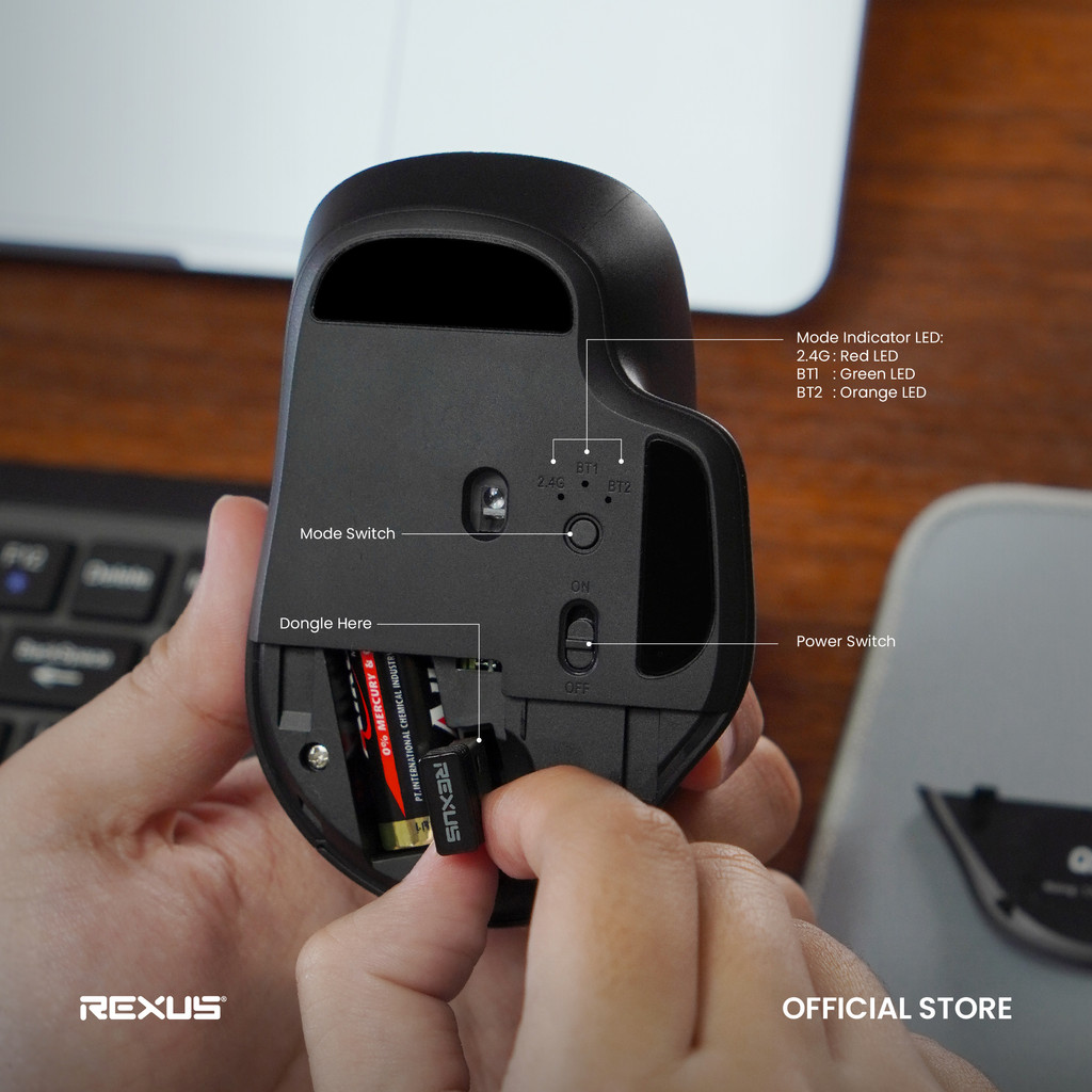 Rexus QB300 V2 Dual Mode Wireless Mouse Office Kantor - Ergonomic Shape Silent Click (5)