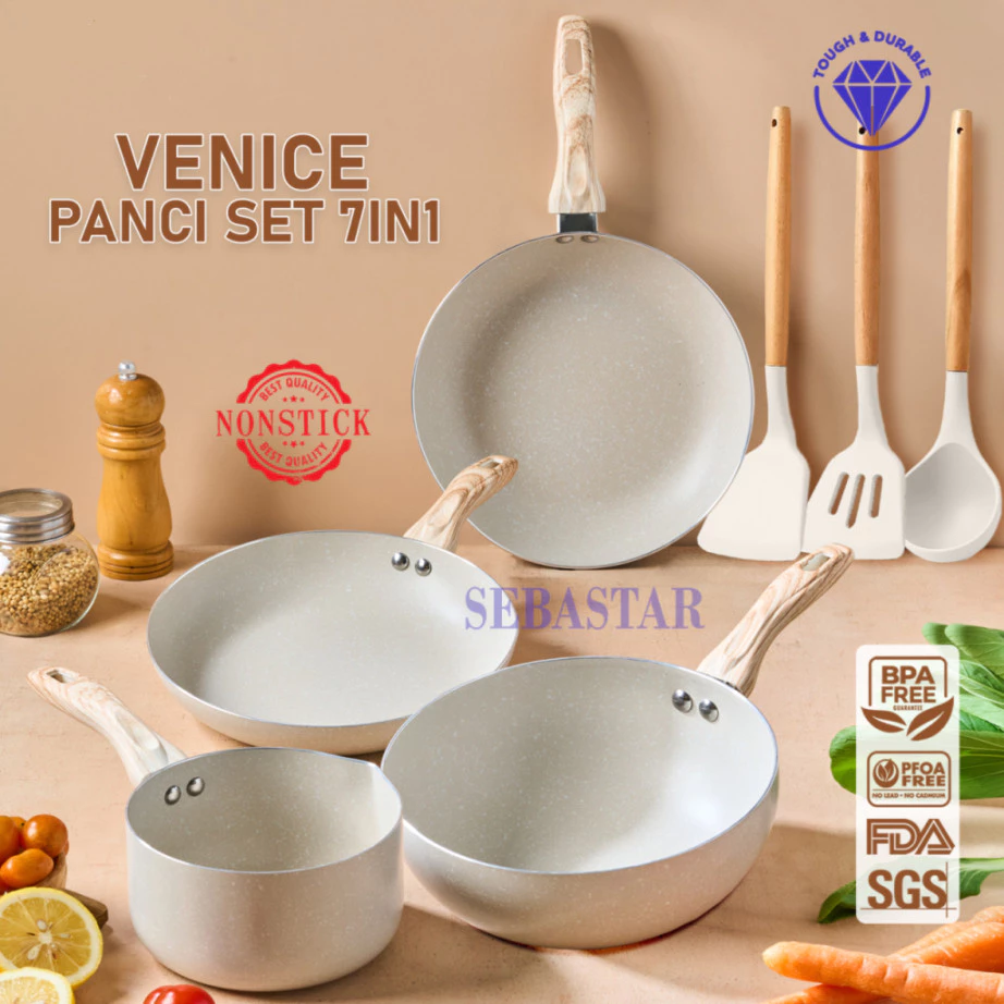 SEBASTAR PANCI SET 7in1 VENICE penggorengan anti lengket granit fry wok sauce pan marble teflon - foto 1