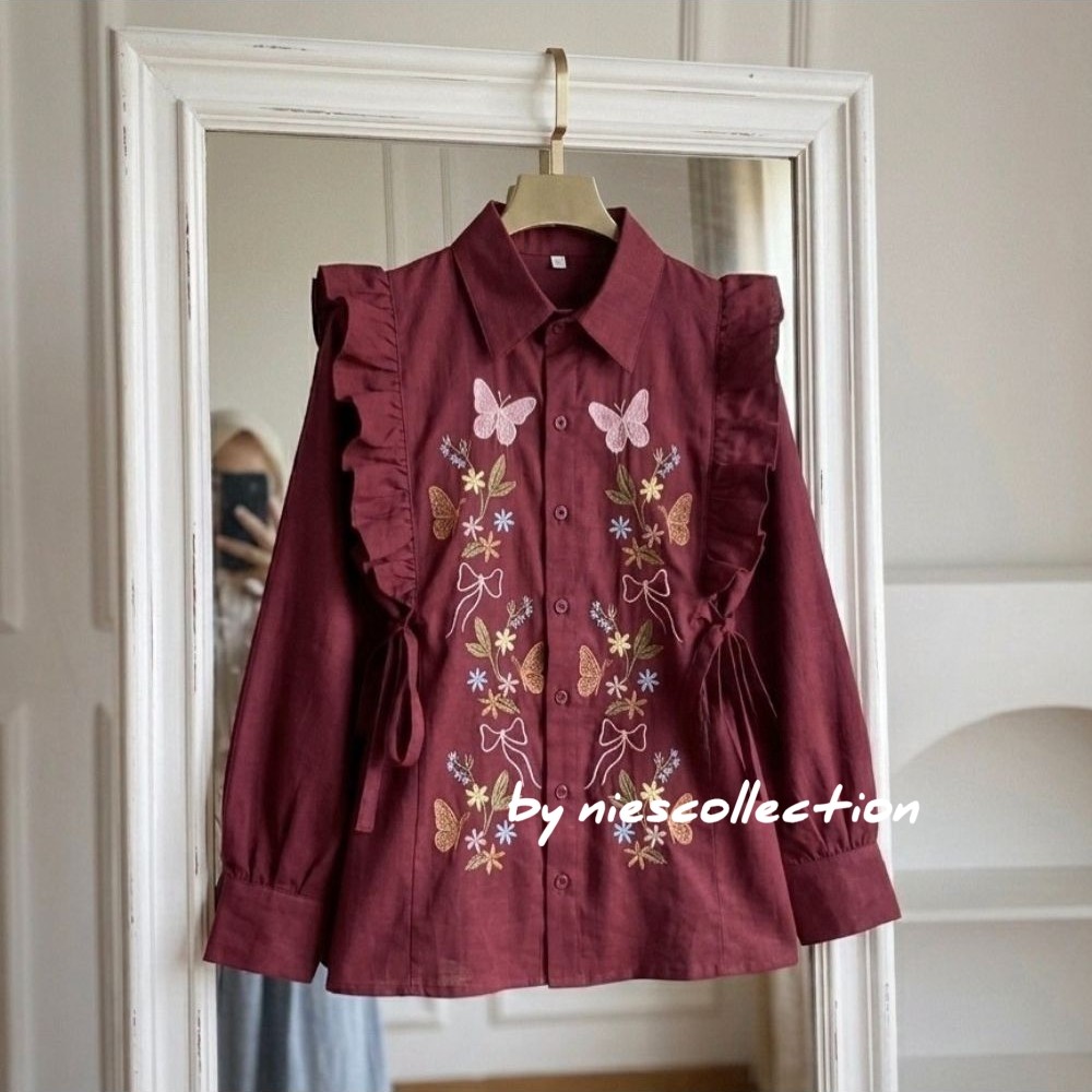 Kaluna Blouse Bordir Bunga  - LD 120 110 104 98 92 - Atasan Wanita Bahan Linen Korean Style foto 3