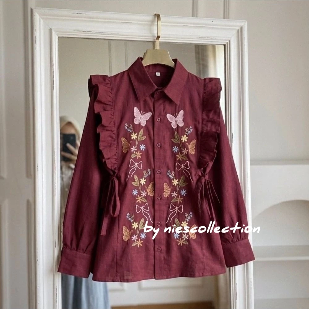 Foto 4 Kaluna Blouse Bordir Bunga - LD 120 110 104 98 92 - Atasan Wanita Bahan Linen Korean Style | 009