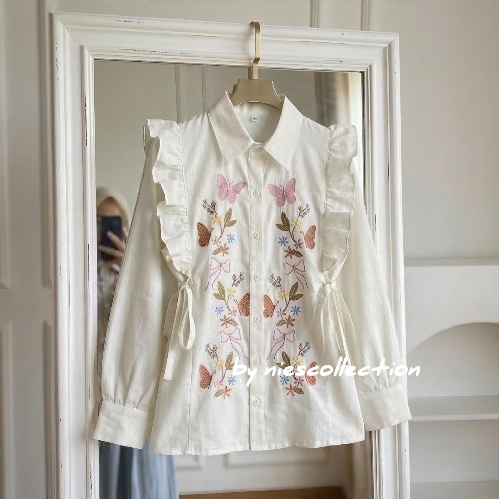 Kaluna Blouse Bordir Bunga  - LD 120 110 104 98 92 - Atasan Wanita Bahan Linen Korean Style foto 4