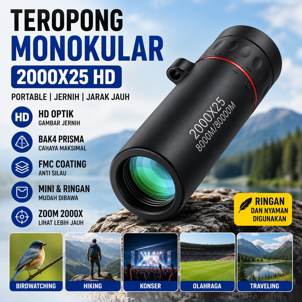Teropong Monokular Portable HD Zoom 2000x25 Lensa Optik BAK4 FMC Anti Silau Gambar Jernih Sudut Lebar Mini Pocket Outdoor Birdwatching