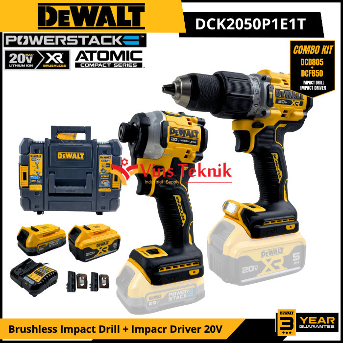 DEWALT DCK2050P1E1T Mesin Bor Baterai Cordless Brushless Impact Drill + Impact Driver DCD805 + DCF850 Combo Kit 20V