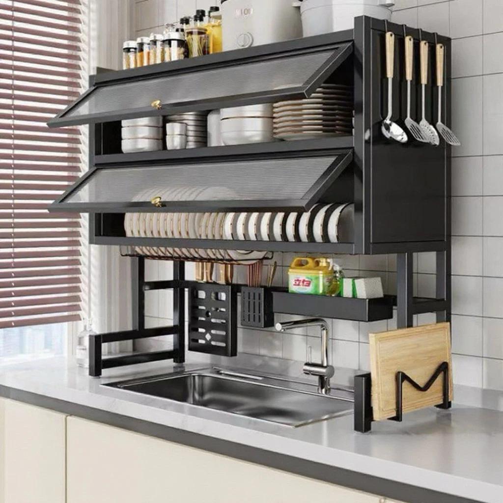 Rak Piring 2 Susun Stainless Steel Multifungsi Model Kekinian - Rak Pengering Piring Dapur Dengan Penutup Kabinet & Aksesoris, Bisa Buat Wastafel/Penyimpanan Mangkuk