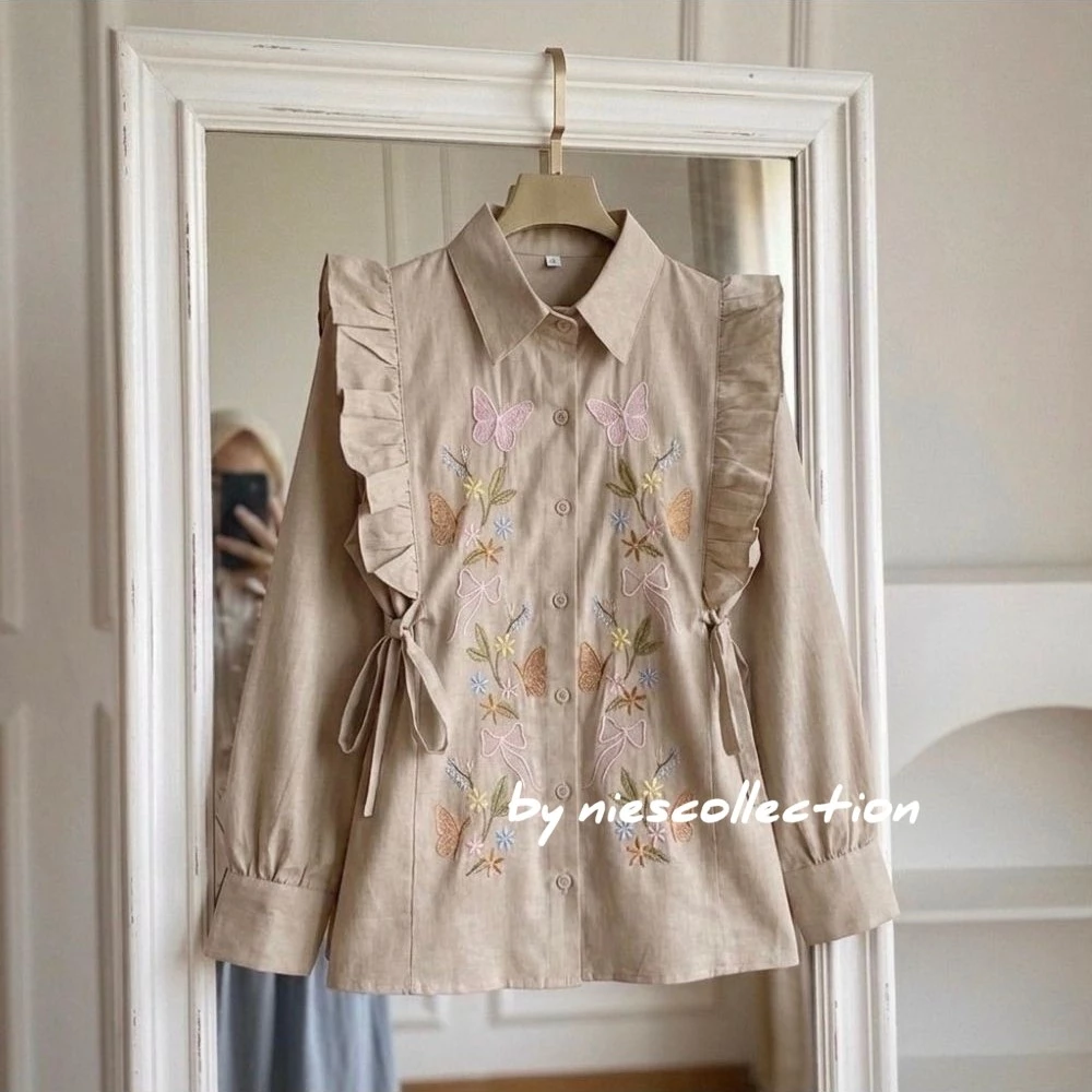 Foto 3 Kaluna Blouse Bordir Bunga - LD 120 110 104 98 92 - Atasan Wanita Bahan Linen Korean Style | 009