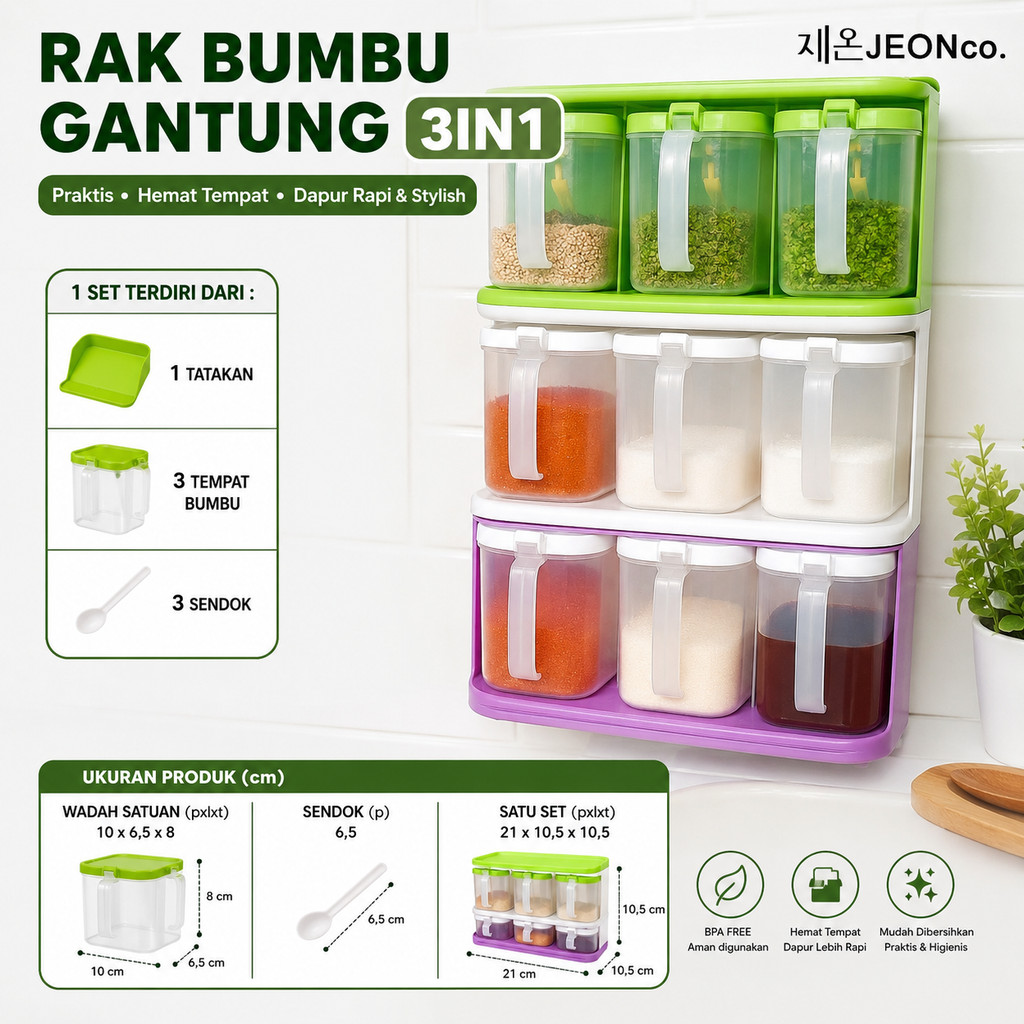 TEMPAT BUMBU 3IN1 Wadah Penyimpanan Bumbu Rak Bumbu Dapur Set Plastik Tebal Free Sendok Berkualitas