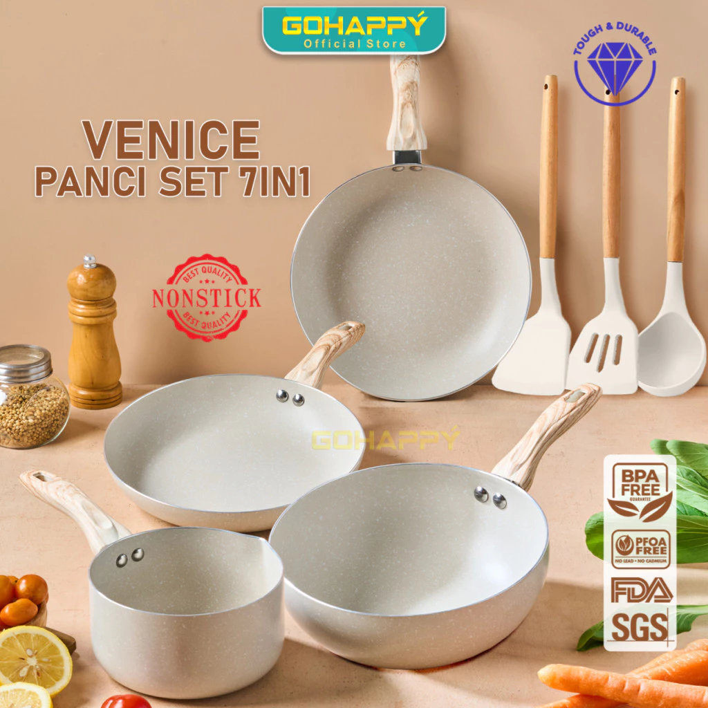 PANCI SET VENICE 7IN1 Wajan nonstick lengkap granit putih dengan 3 spatula silikon - foto 1
