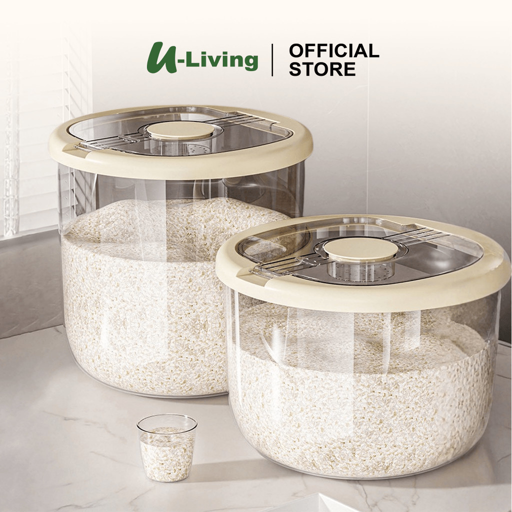 U-Living Wadah Beras 5/10/15kg Anti Kutu Serbaguna Model Transparan Dispenser Beras Bahan Food Grade Free Gelas Takar STO048