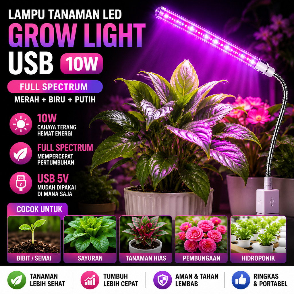 Jual Lampu Tanaman LED Grow Light USB Power 10W Full Spectrum Merah ...