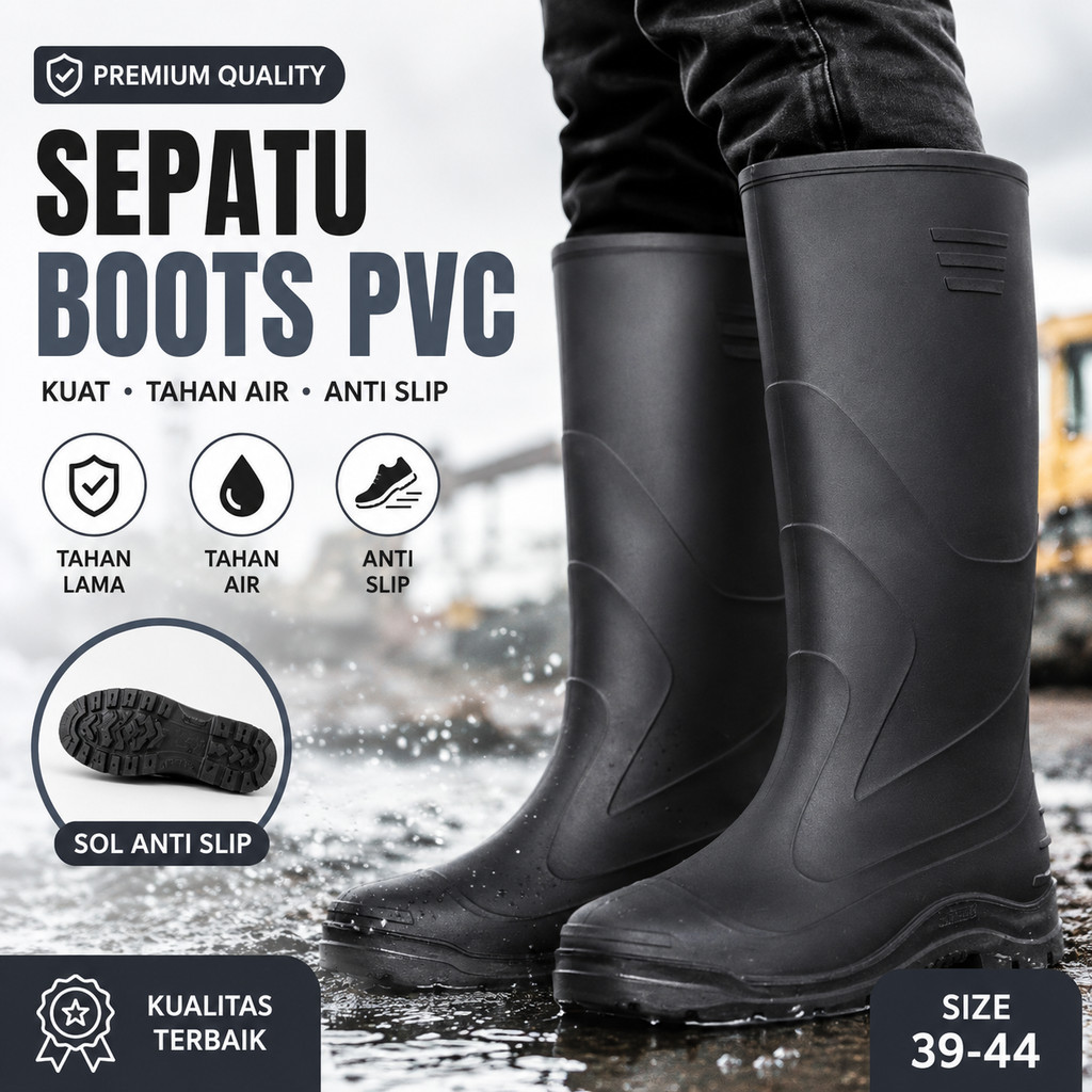 Sepatu Boots hitam Tinggi Safety Proyek Industri Perkebunan Anti Slip Tahan Air