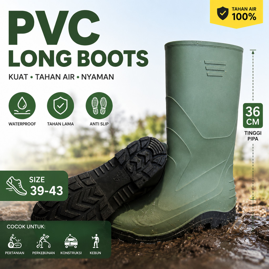 Sepatu Boots PVC Hijau Tinggi 36CM Anti Slip Tahan Air Untuk Proyek Industri Perkebunan Ukuran 39-43