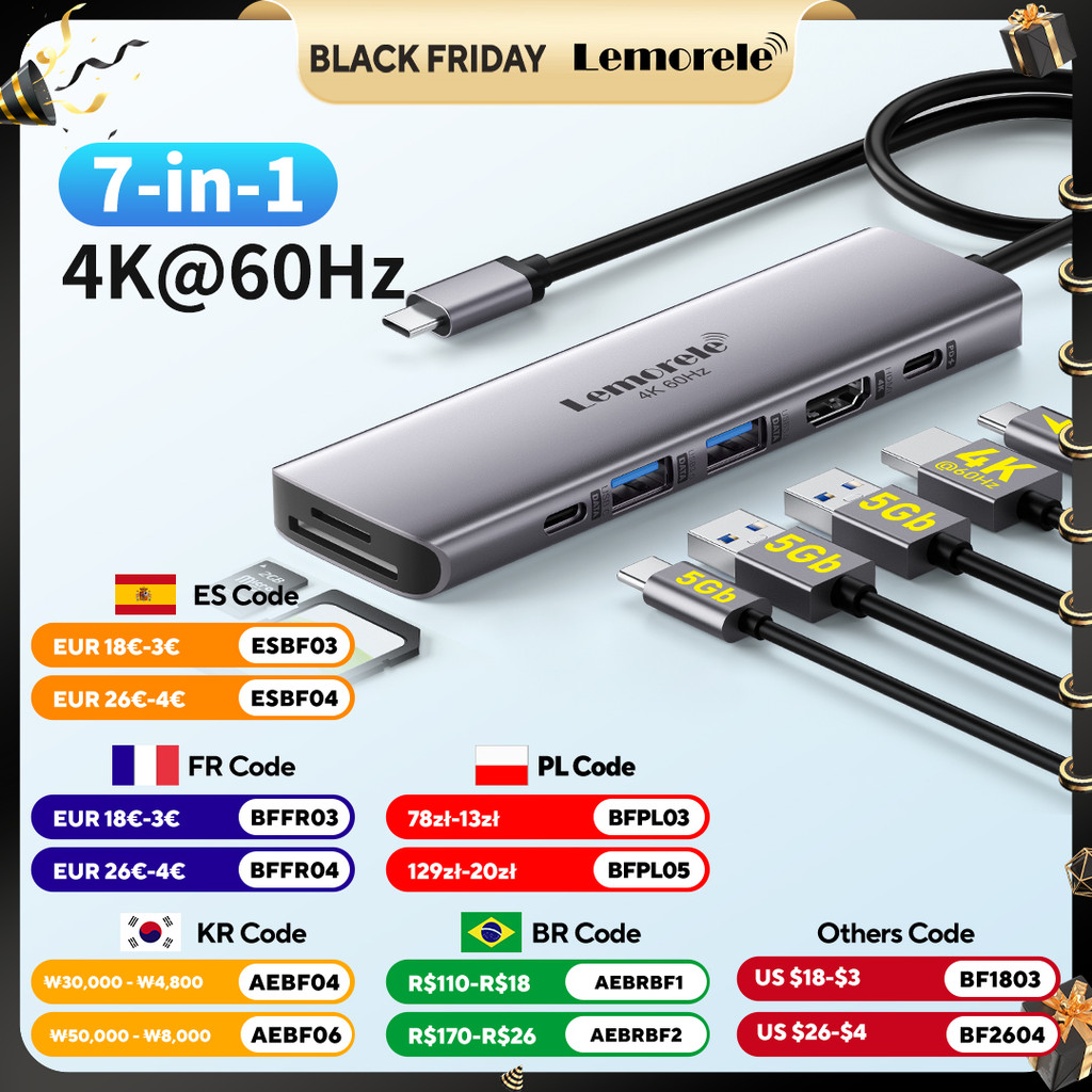 Jual Lemorele TC45L 7-in-1 ports USB 3.0 Hub Type C 3.0 fast arger 4k ...