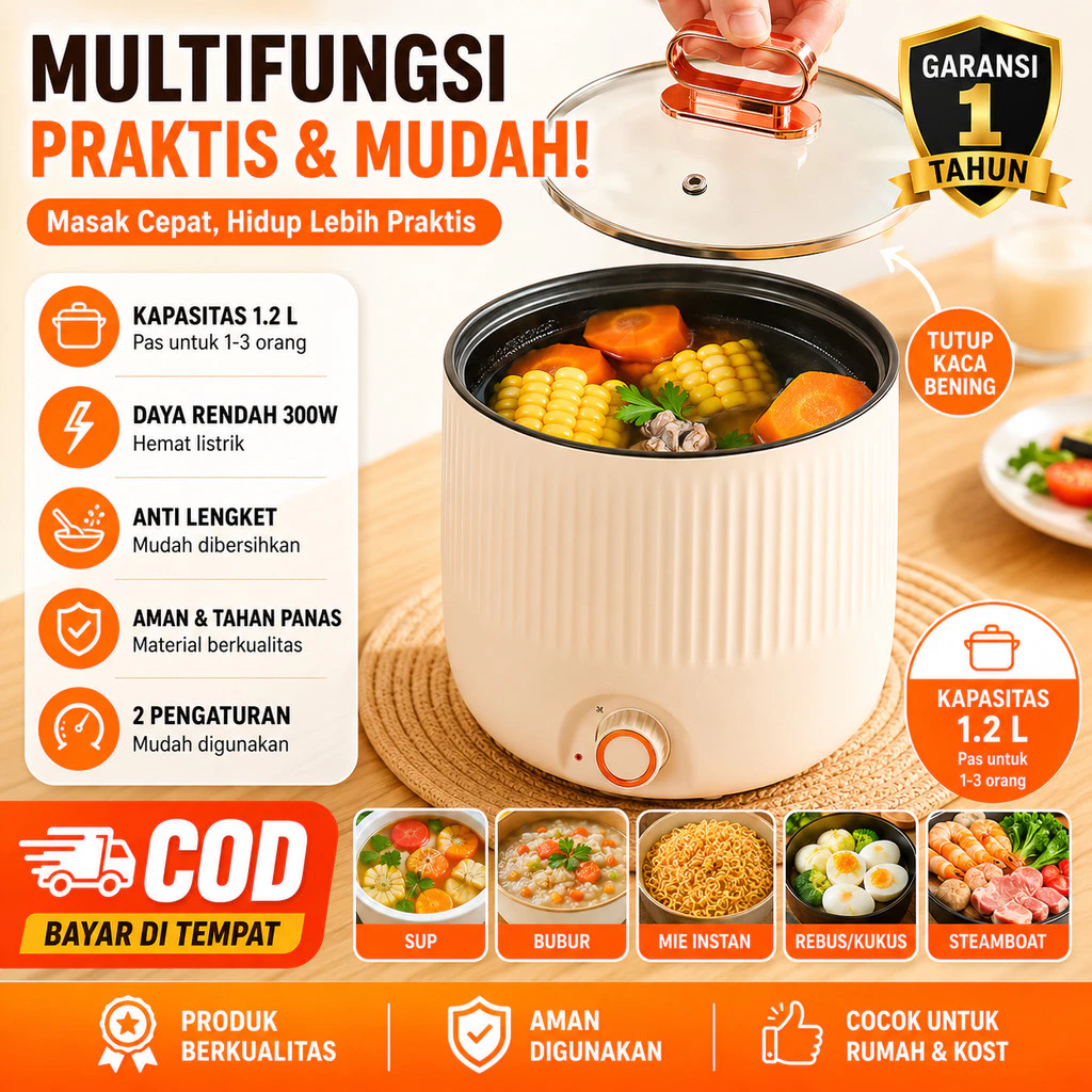 Mini Panci Listrik Portable dan Rumah Tangga 1,8 liter Kontrol Cerdas Listrik Keramik Anti Lengket