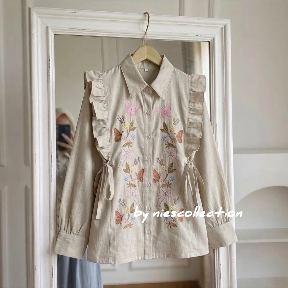 Foto 7 Kaluna Blouse Bordir Bunga - LD 120 110 104 98 92 - Atasan Wanita Bahan Linen Korean Style | 009
