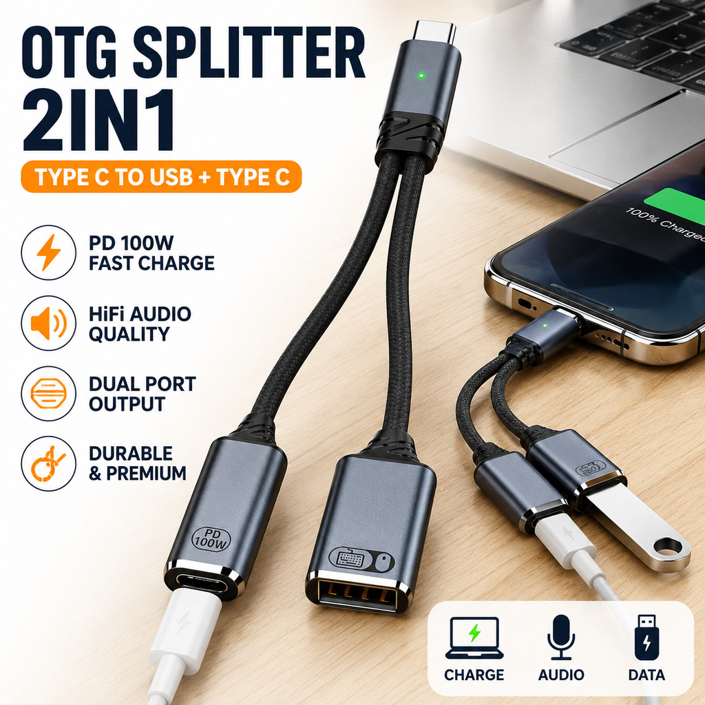 Jual Kabel Audio Splitter Type C To Dual USB C Female Charging PD 100W ...