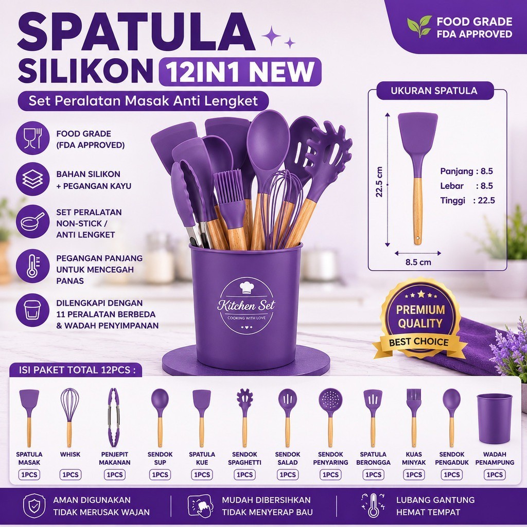 SPATULA 12IN Kitchen Set Alat Dapur Lengkap Tahan Panas Peralatan Masak Serbaguna Anti Lengket
