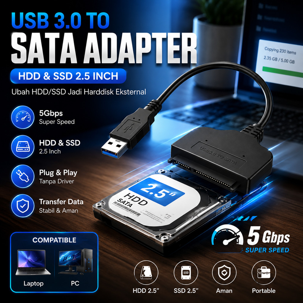 Jual Kabel Adaptor USB Type A 3.0 to SATA HDD SSD 2.5 Inch 5Gbps ...