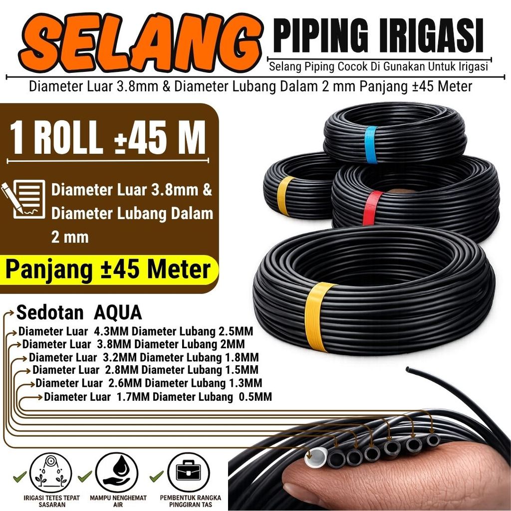 Selang Piping Pandepun Irigasi Tetes Hitam 3,8 mm Panjang ±40 Meter - Cocok digunakan untuk tanaman sayur, buah, hidroponik, hingga tanaman hias agar proses penyiraman lebih praktis dan efisien.