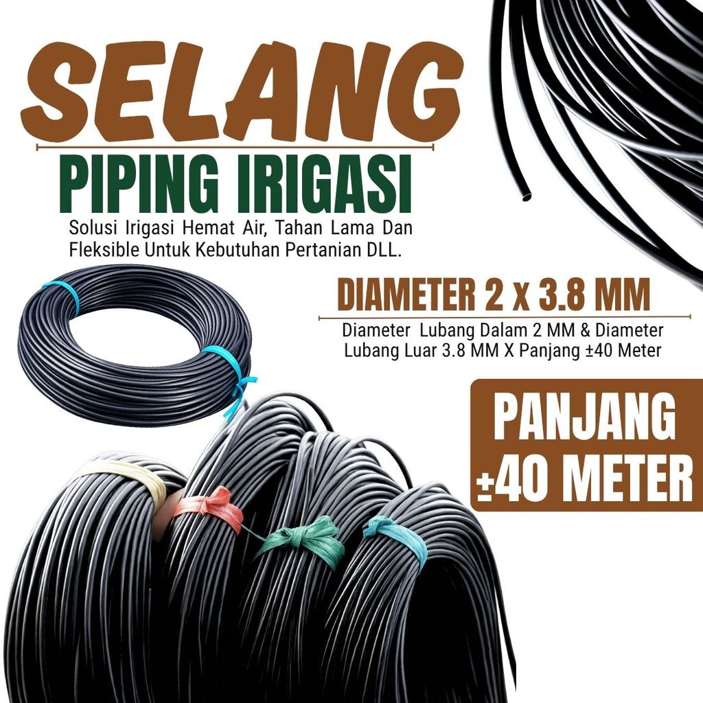 Selang Piping Pandepun Irigasi Tetes Hitam 3,8 mm Panjang ±40 Meter - ideal untuk saluran irigasi mikro dan kompatibel dengan berbagai aksesoris irigasi tetes.