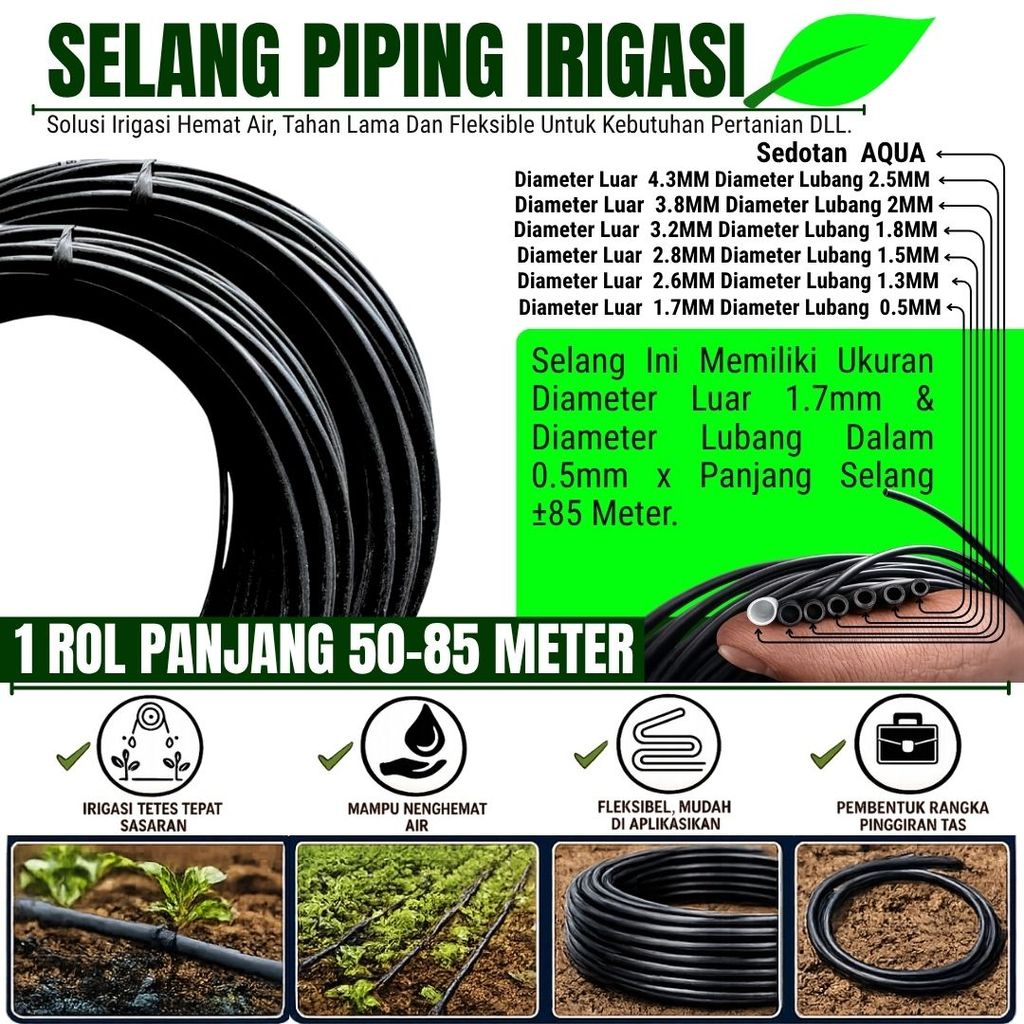 Selang Piping Pandepun Irigasi Tetes Hitam 1,7 mm Panjang ±85 Meter - Material Berkualitas dengan Daya Tahan Baik dan Mudah Digunakan