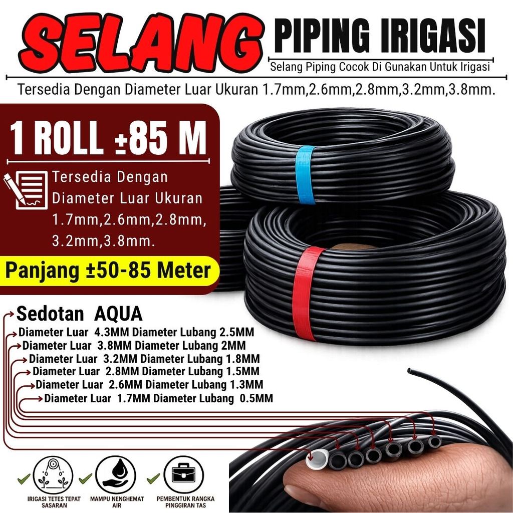 Selang Piping Pandepun Irigasi Tetes Hitam 1,7 mm, 2,6 mm, 2,8 mm, 3,2 mm, 3,8 mm Panjang ±40 - 85 Meter - Terbuat dari bahan berkualitas yang kuat dan tahan lama sehingga tidak mudah bocor saat digunakan dalam jangka panjang.