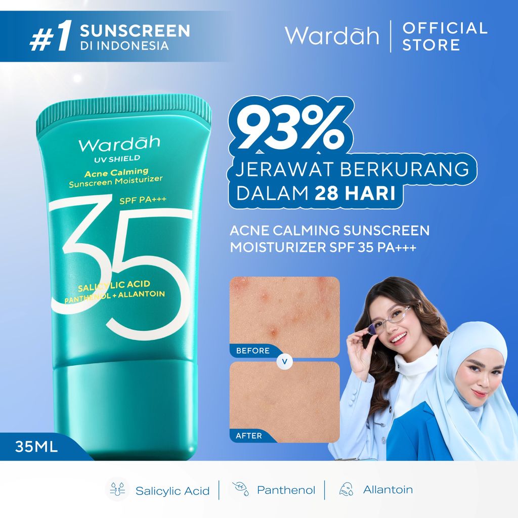 Wardah Sunscreen UV Shield Acne Calming Sunscreen Moisturizer SPF 35 PA - Wajah Meredakan Jerawat Ringan Mudah Meresap Calming and Repair Boosting Sunscreen Wajah Glowing BPOM - Skincare