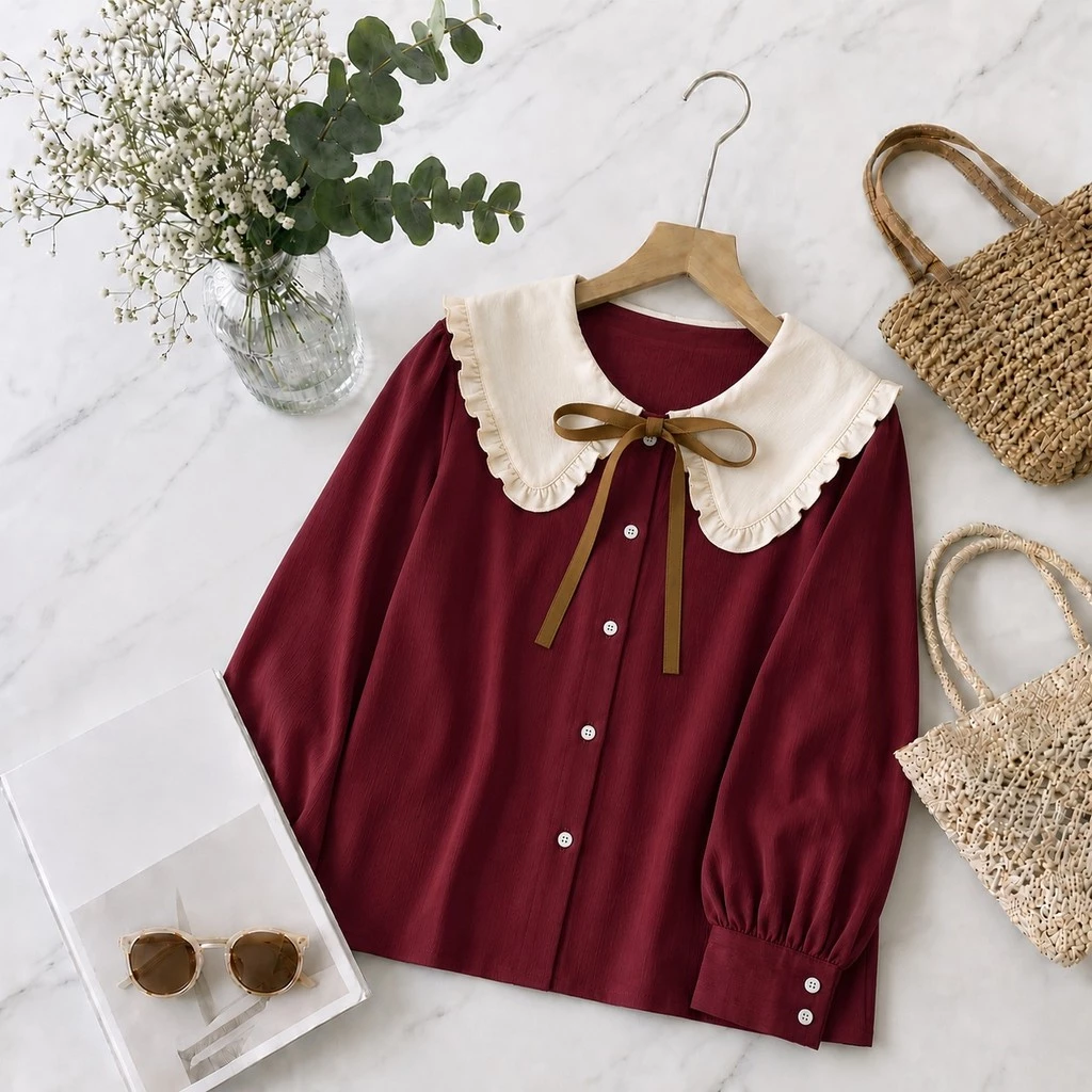 Vallina Outfit - Osima Shirt Blouse Korean Style Atasan Wanita Lengan Panjang Look Simple Bahan Premium